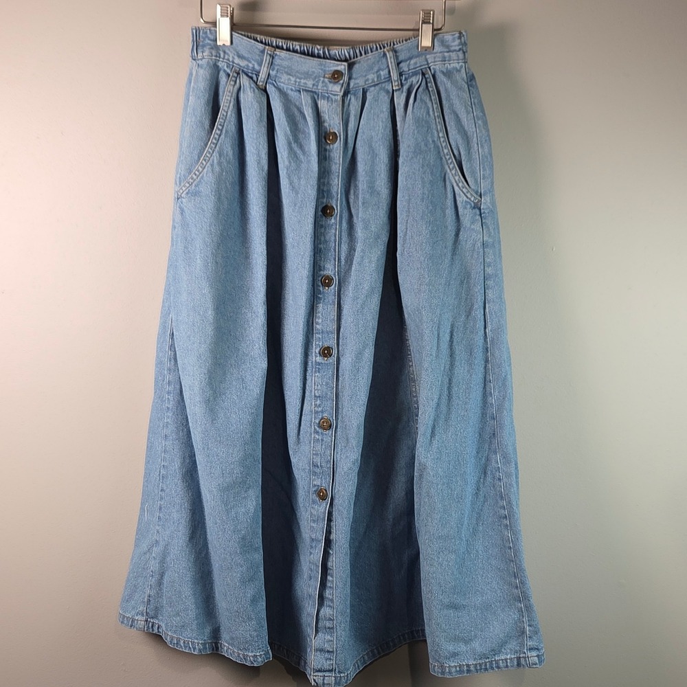 Classic Elements Denim Skirt Women 10 Blue Good Button Front Midi Vintage Cotton